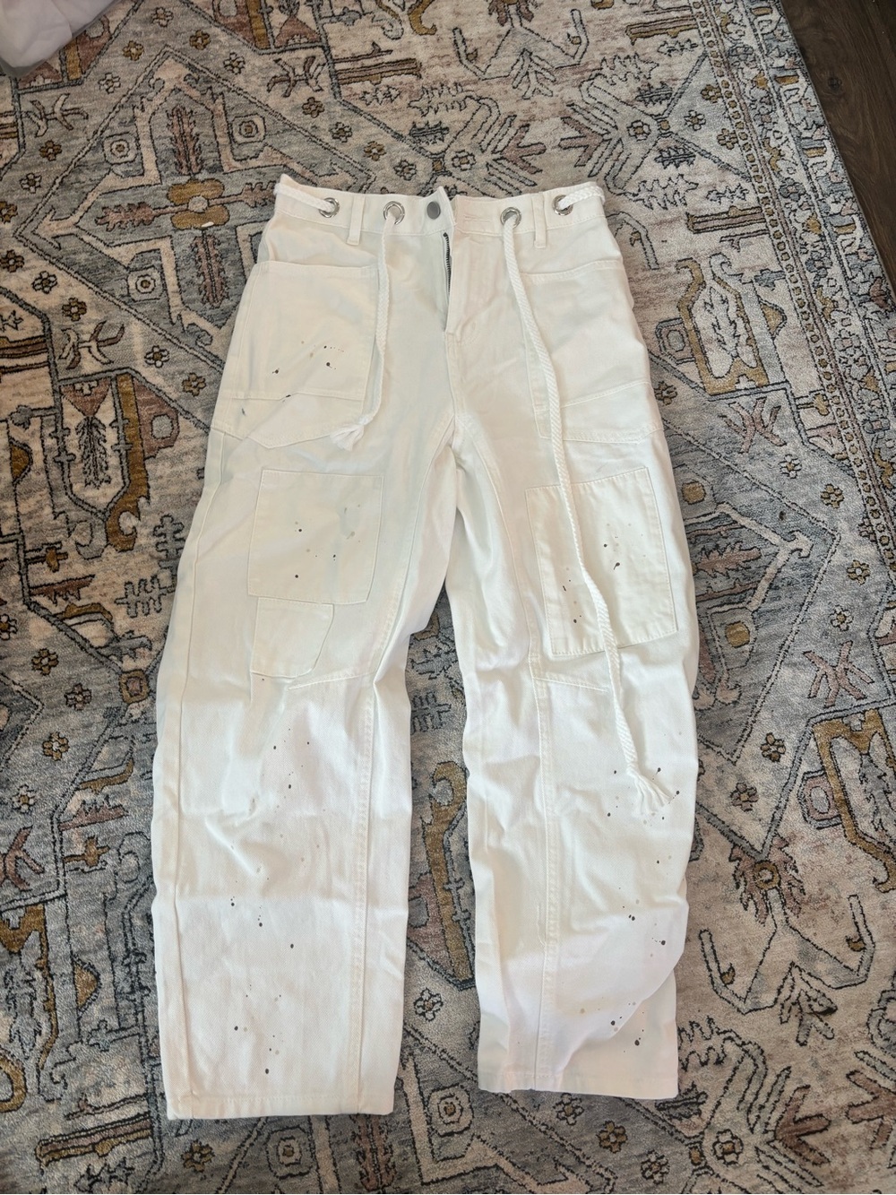 White With Paint Splatter  Barrel Jeans Ivory Sz 2